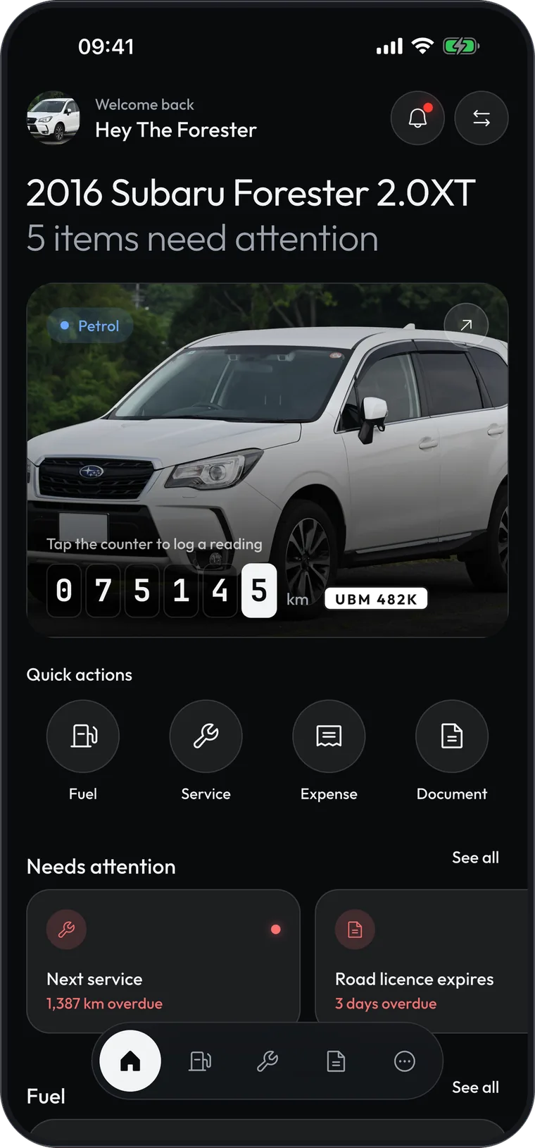 Kratos XT home screen: a 2016 Subaru Forester with its odometer reading, quick actions for fuel, service, expense and document, and a list of items that need attention.