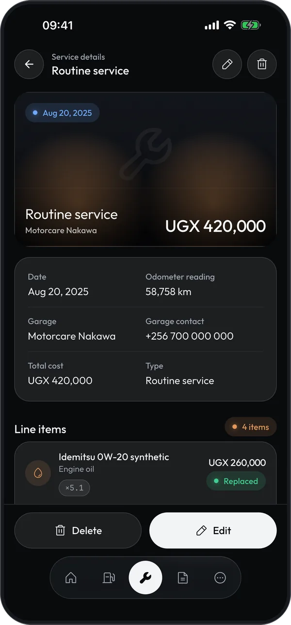 Service details for a routine service: date, odometer reading, garage, total cost and line items such as synthetic engine oil marked as replaced.