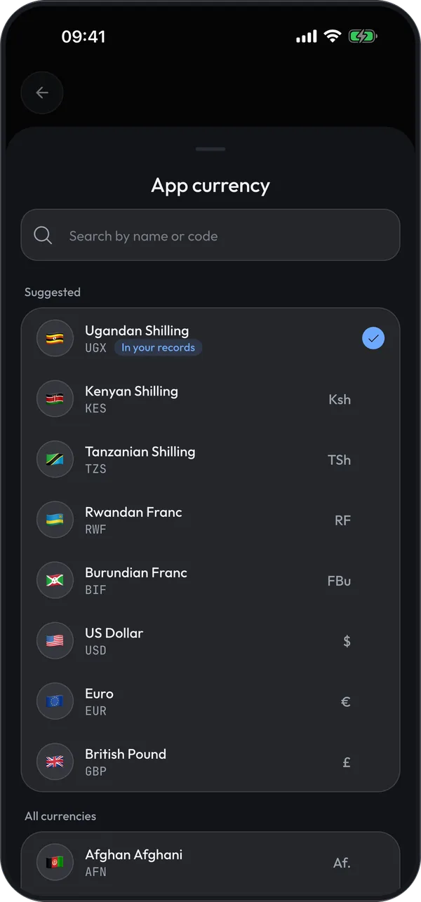 App currency picker listing Ugandan shilling, Kenyan shilling, US dollar, euro and other currencies, each with its flag and symbol.